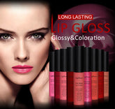 Woman with pink lipstick and QBest lip gloss products on a dark background