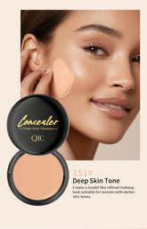 Concealer compact with a model-like refined makeup look suitable for women with darker skin tones.