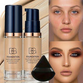 Two bottles of foundation with a close-up of a woman's face applying makeup.