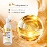 Collagen essence product with golden liquid droplet on a beige background