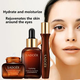 SADOER eye cream and serum bottles with a close-up of a woman's face, highlighting eye area.