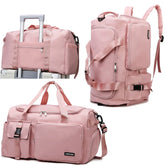 Pink travel bags including a duffel, backpack, and suitcase on a white background