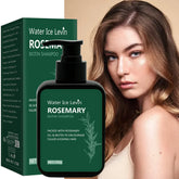 Water Ice Levin Rosemary Biotin Shampoo with packaging and a model with styled hair.