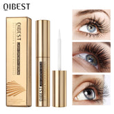 QIBEST lash growth serum packaging with close-up images of eyes with longer lashes.