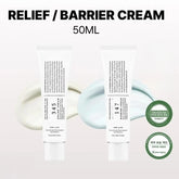 Two bottles of relief barrier cream with labels and green circular logos on a light gray background.