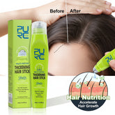 Green hair thickening product with packaging and 'Before'/'After' comparison on a light green background.