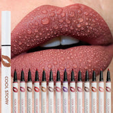 Lipstick with water droplets on lips and a row of lip liner pencils below.