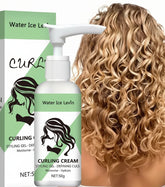 Curling cream bottle with packaging and a person with curly hair on a white background