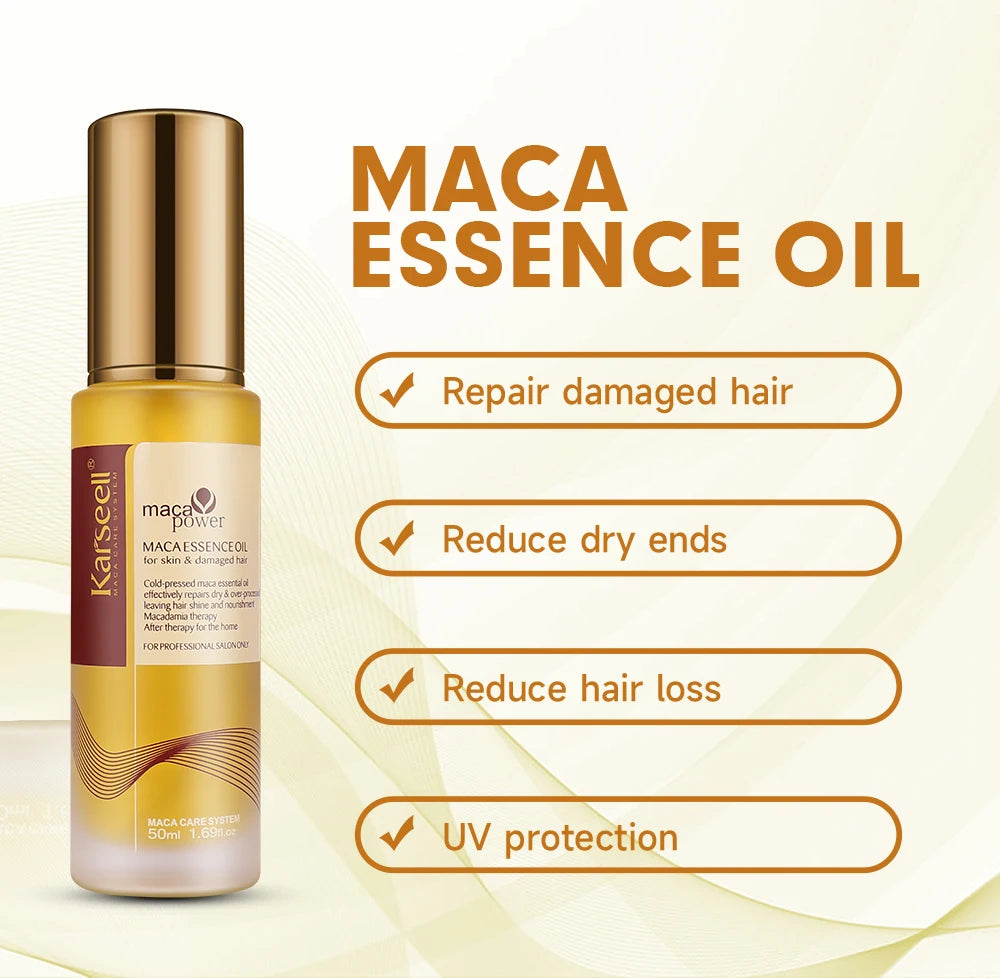 Maca essence oil bottle with benefits on a beige background