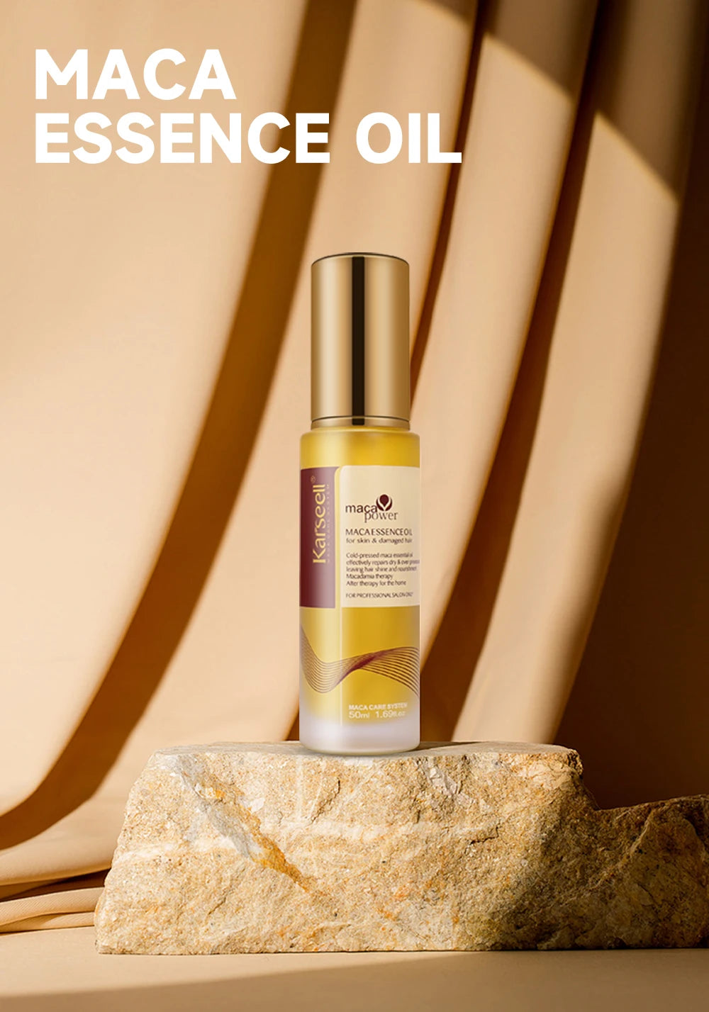 Maca essence oil bottle on a stone surface with a neutral background