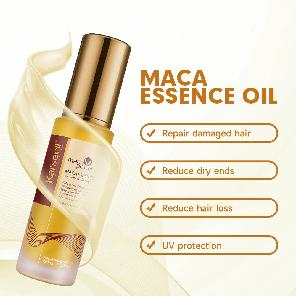 Maca essence oil bottle with features on a white background