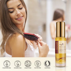 Woman brushing her hair with a brush and a bottle of Kashiell hair product on a blurred background