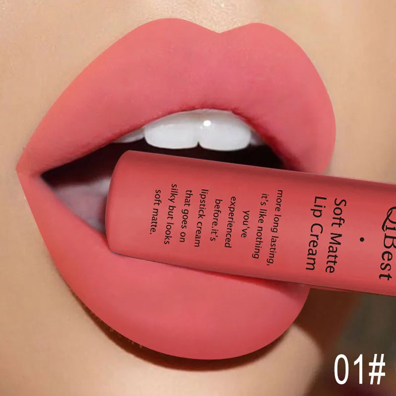 Red lipstick with a close-up of lips wearing it, labeled 'Qi Best Soft Matte Lip Cream'.