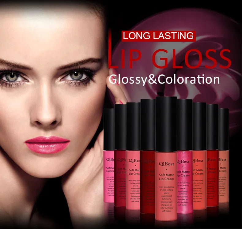 Woman with pink lipstick and QBest lip gloss products on a dark background