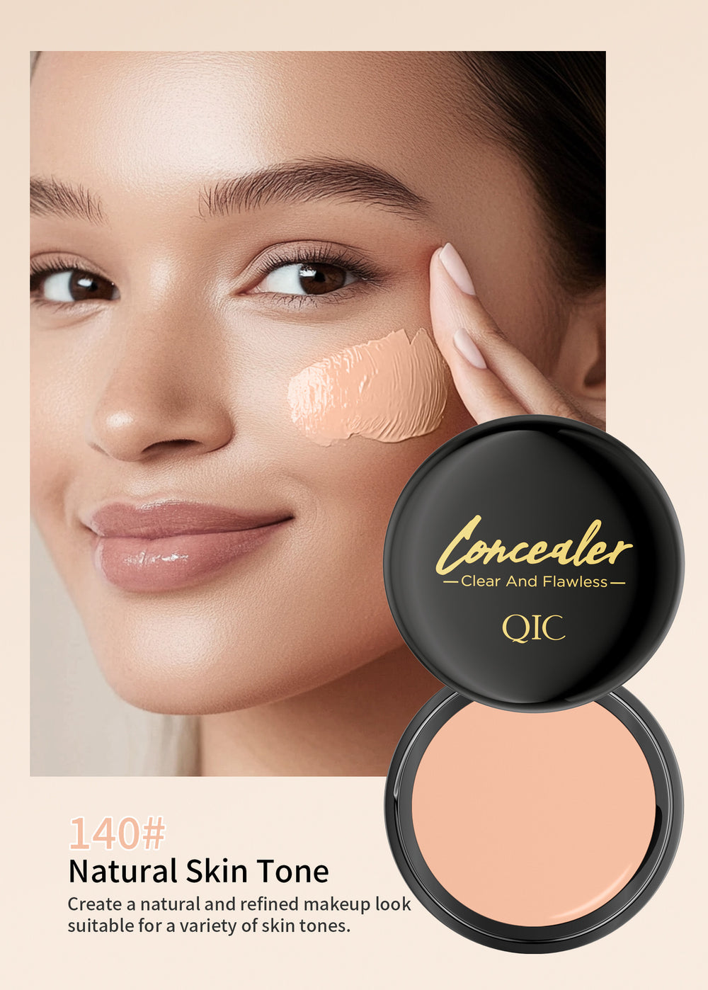 Concealer compact with a woman applying it to her face, on a beige background.