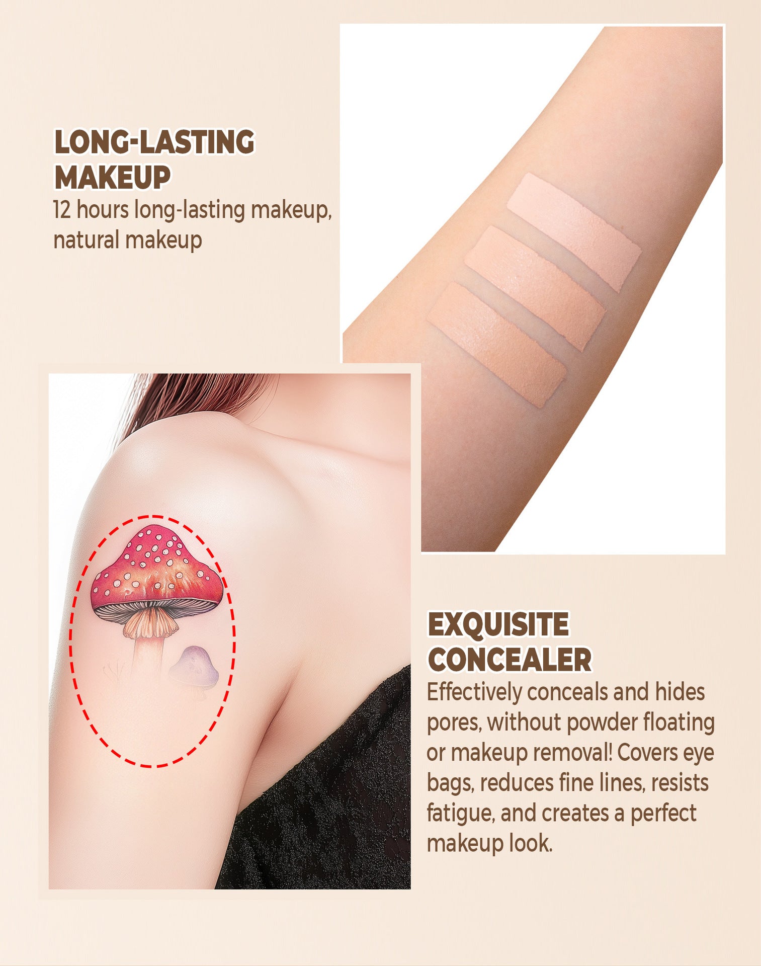 Makeup product with long-lasting and concealer features on a beige background