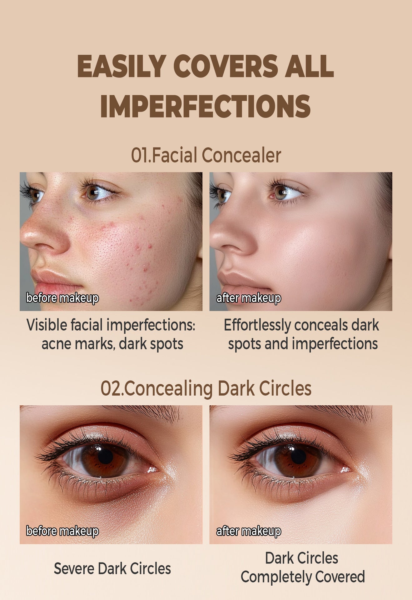 Before and after effects of facial concealer on skin imperfections and dark circles.