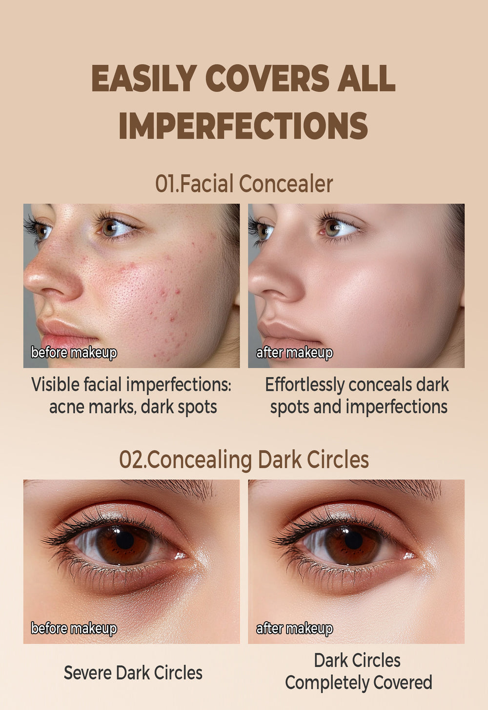 Before and after effects of facial concealer on skin imperfections and dark circles.
