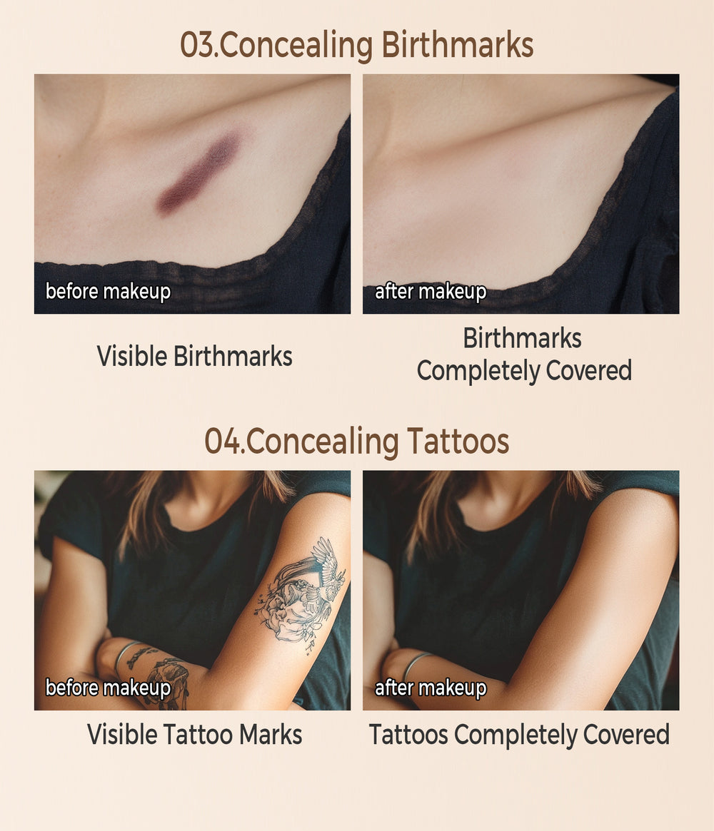 Before and after comparison of concealing birthmarks and tattoos with makeup.