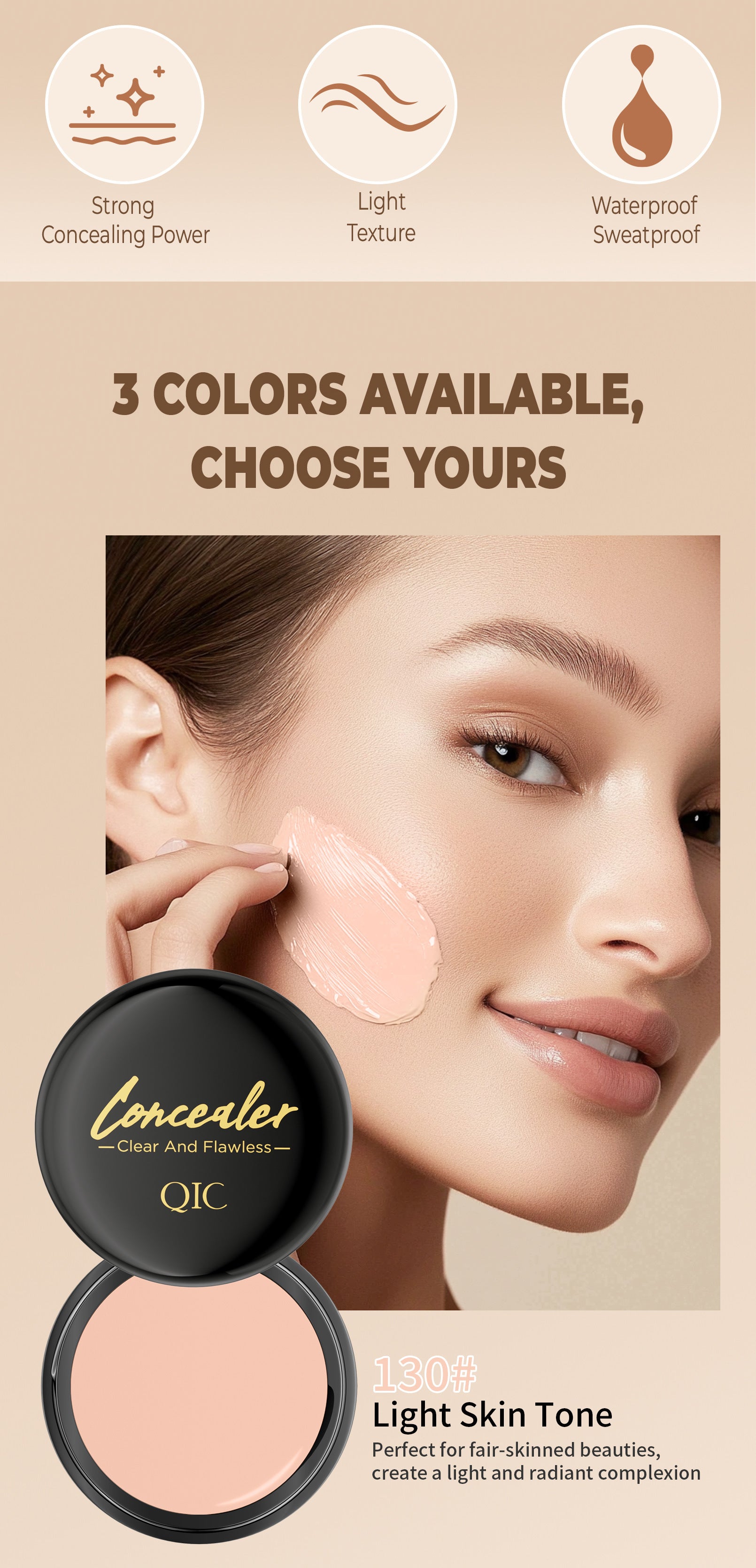 Concealer product with color swatches and a model applying concealer on beige background
