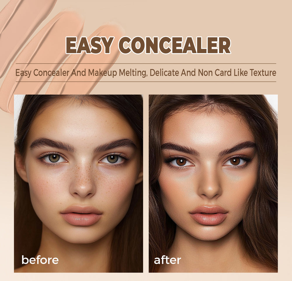 Before and after comparison of Easy Concealer application on a model's face.