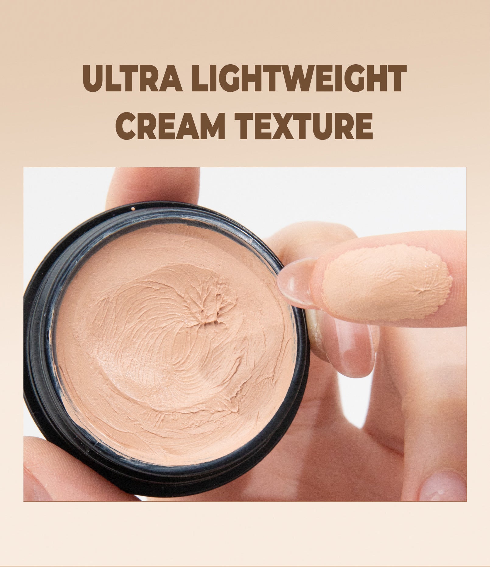 Cosmetic cream with a swatch on a finger and text 'Ultra Lightweight Cream Texture' on a beige background