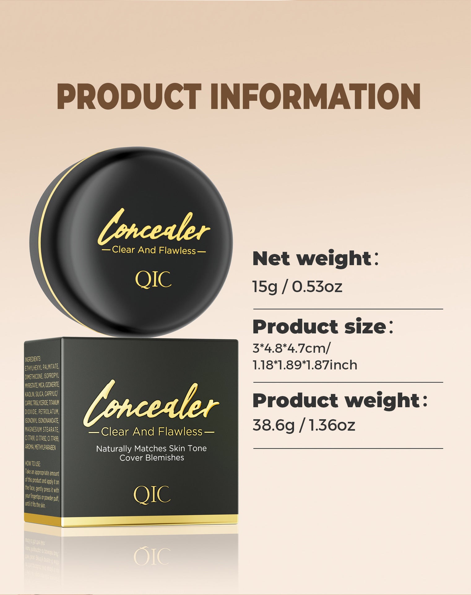 QIC concealer jar and packaging with product information on a beige background