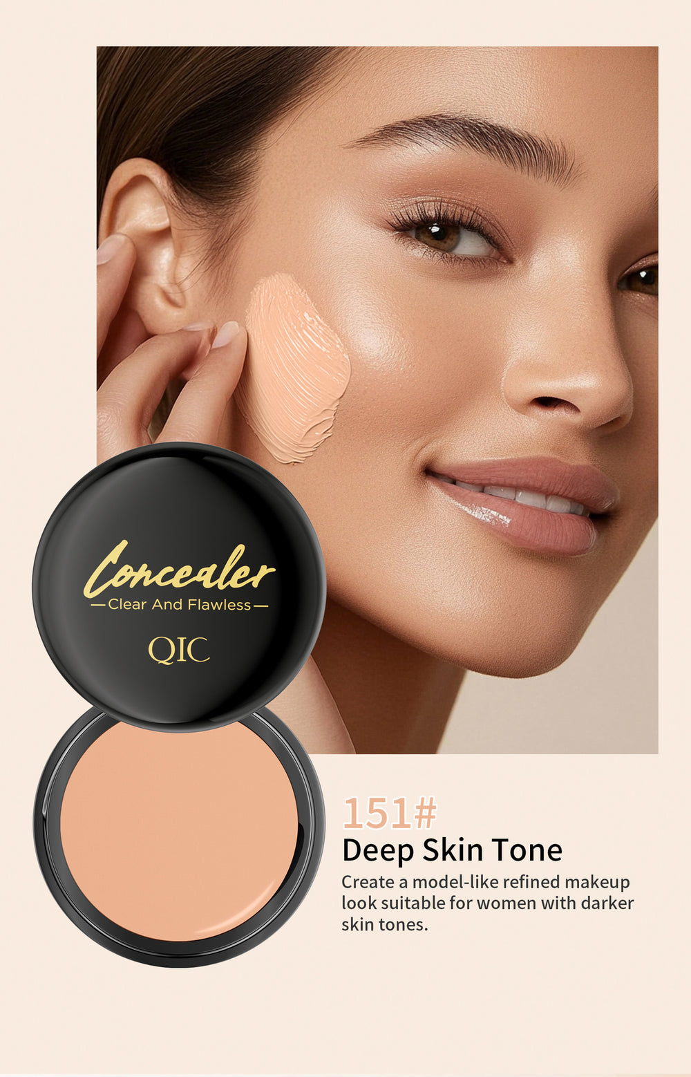 Concealer compact with a model-like refined makeup look suitable for women with darker skin tones.