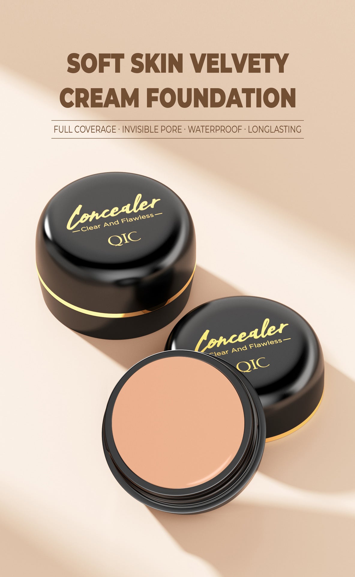OQC concealer with beige foundation on a beige background