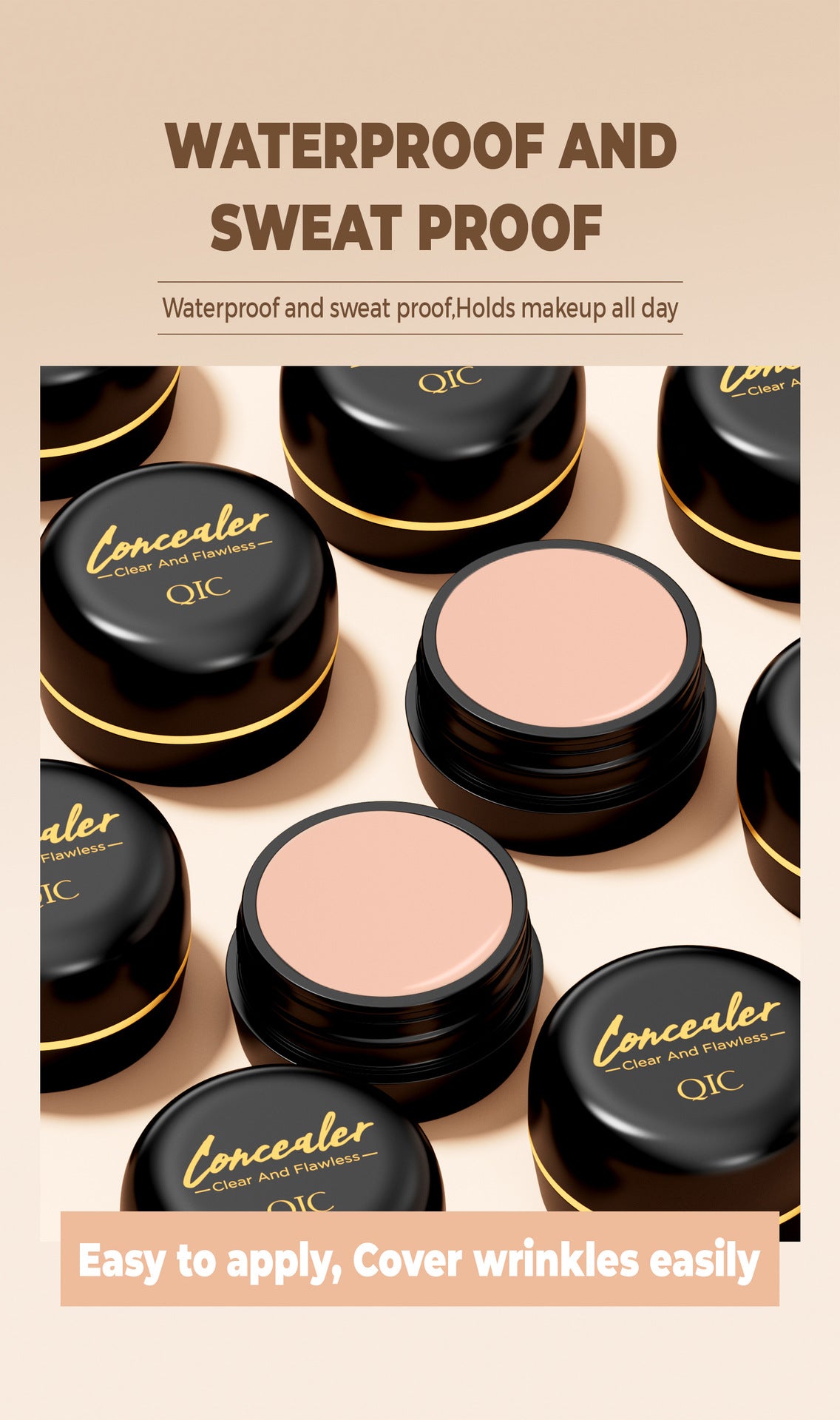 Collection of concealer pots with 'QIC' branding on a beige background