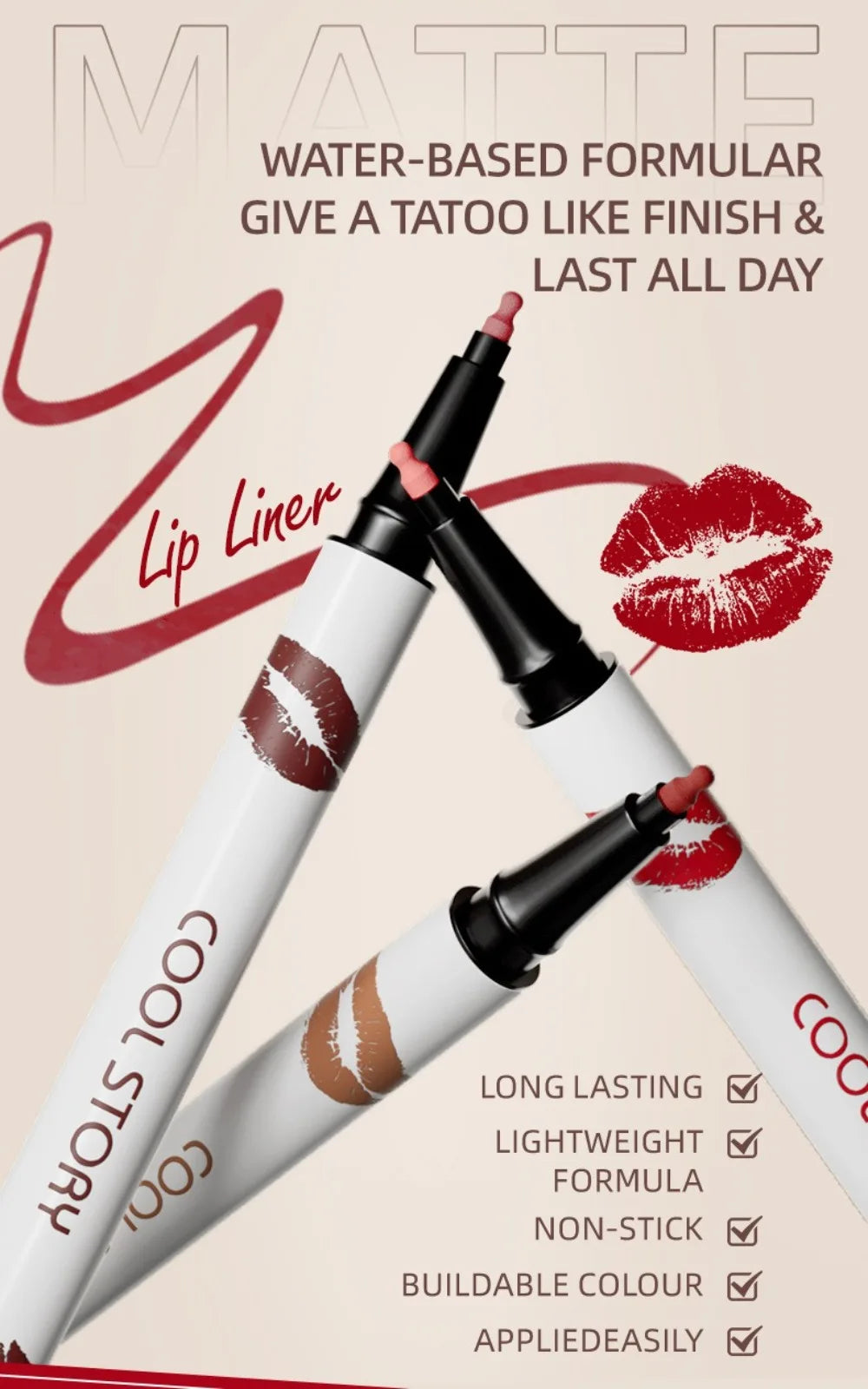 Two Cool Story lip liner pens with red lipstick kiss marks on a beige background.