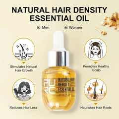 Bottle of natural hair density essential oil with benefits listed on a beige background