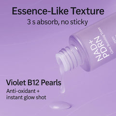NAD+ PDRN skincare product with text about essence-like texture and Violet B12 Pearls on a purple background