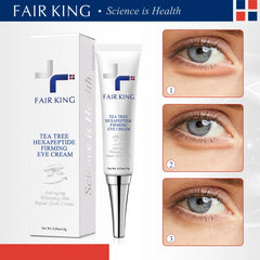 Fair King Tea Tree Hexapeptide Firming Eye Cream with packaging and before-and-after eye images.