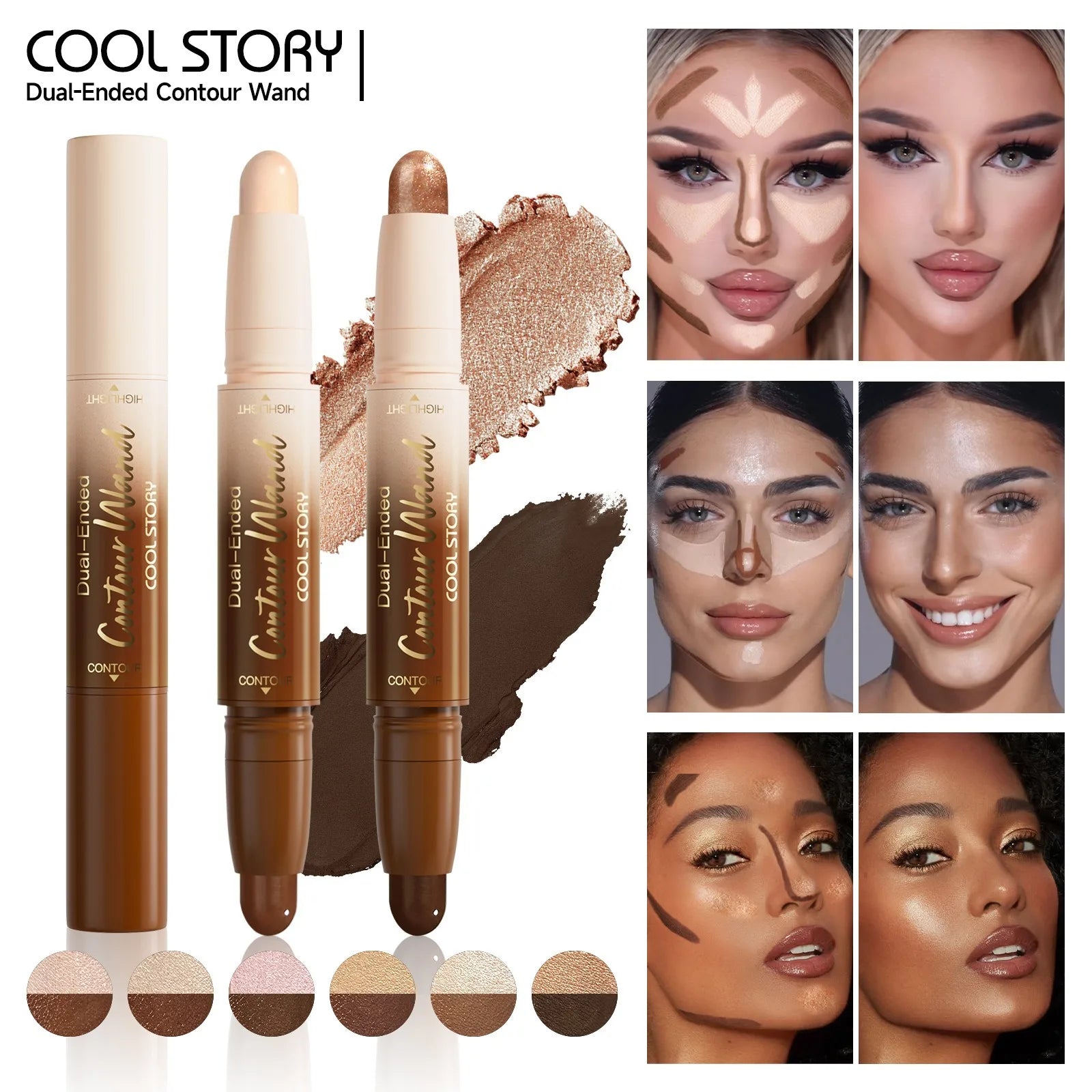 Cool Story Dual-Ended Contour Wand with swatches and application on faces