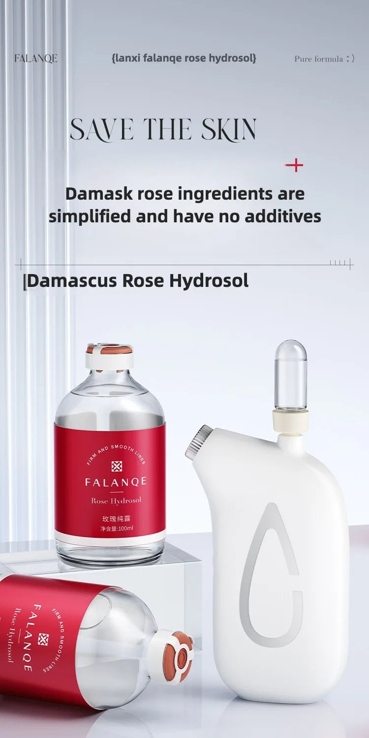 FALANOE Damascus Rose Hydrosol bottle and dropper on a white background
