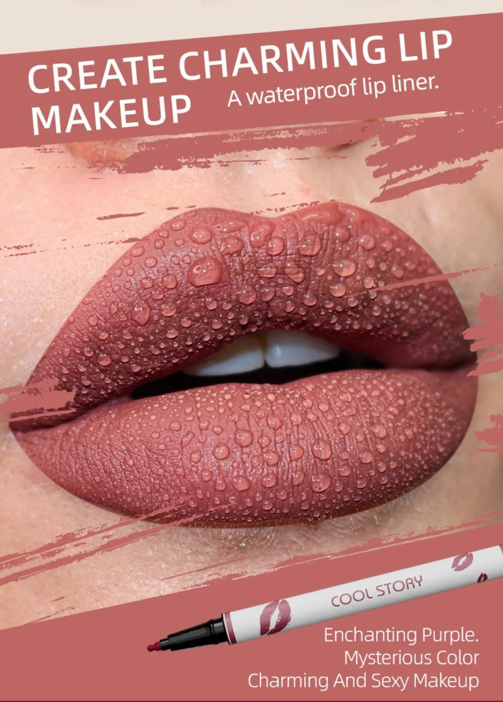Lipstick with water droplets on lips and text about waterproof lip liner.