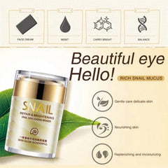 Snail repair and brightening cream with product features on a beige background