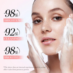 Woman applying a skincare product with text indicating benefits on a white background