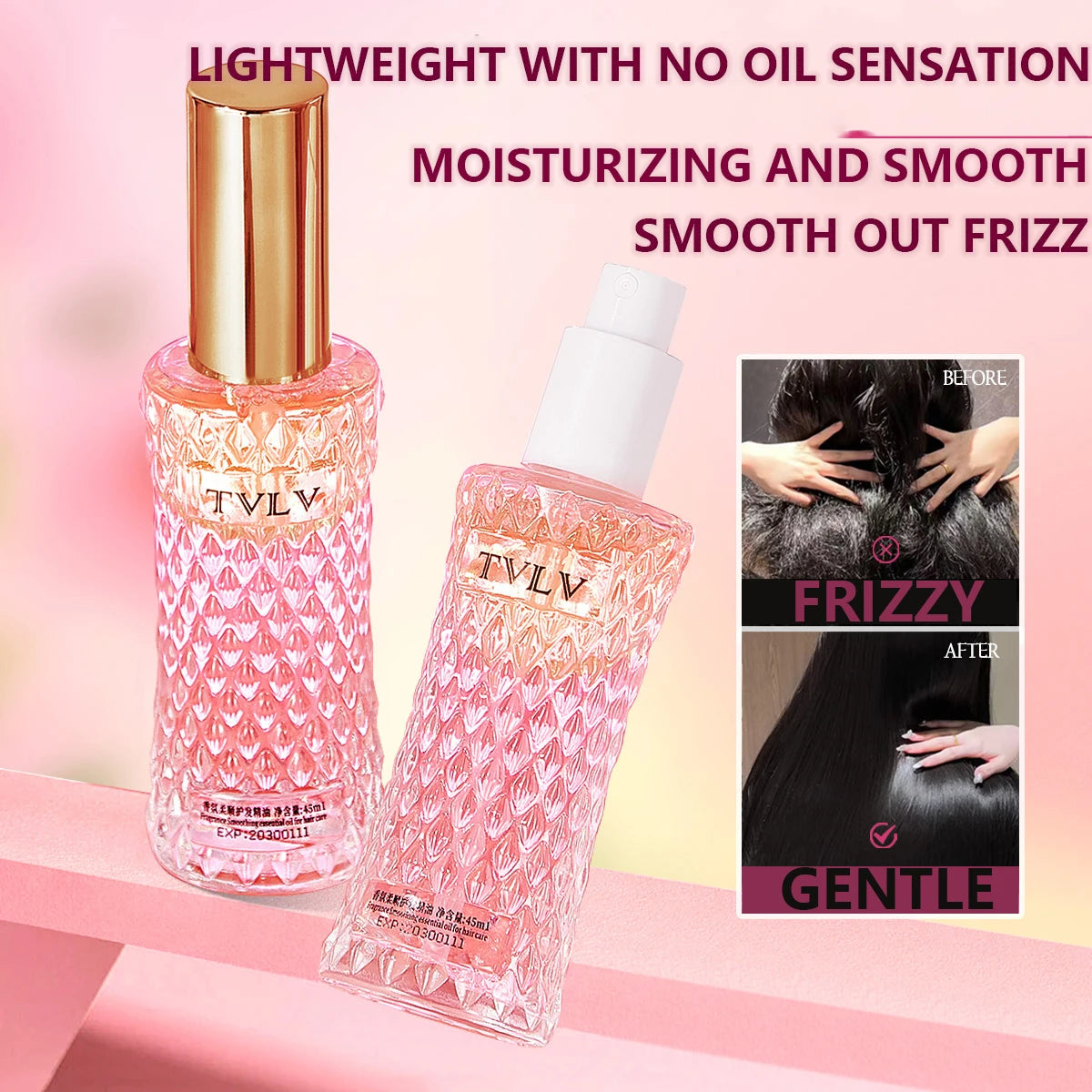 Two TVLV hair care products with text highlighting features on a pink background