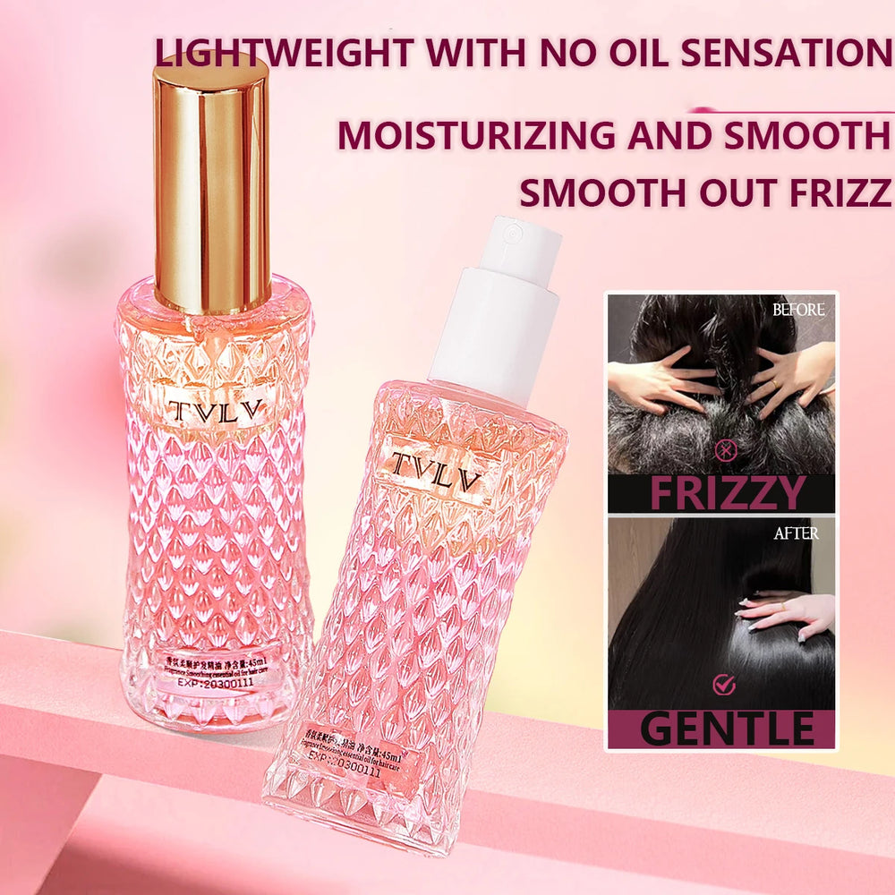 Two TVLV hair care products with text highlighting features on a pink background