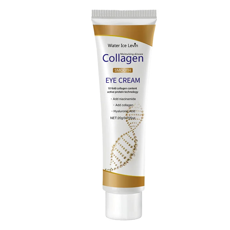 Collagen eye cream tube with white and gold design on a white background