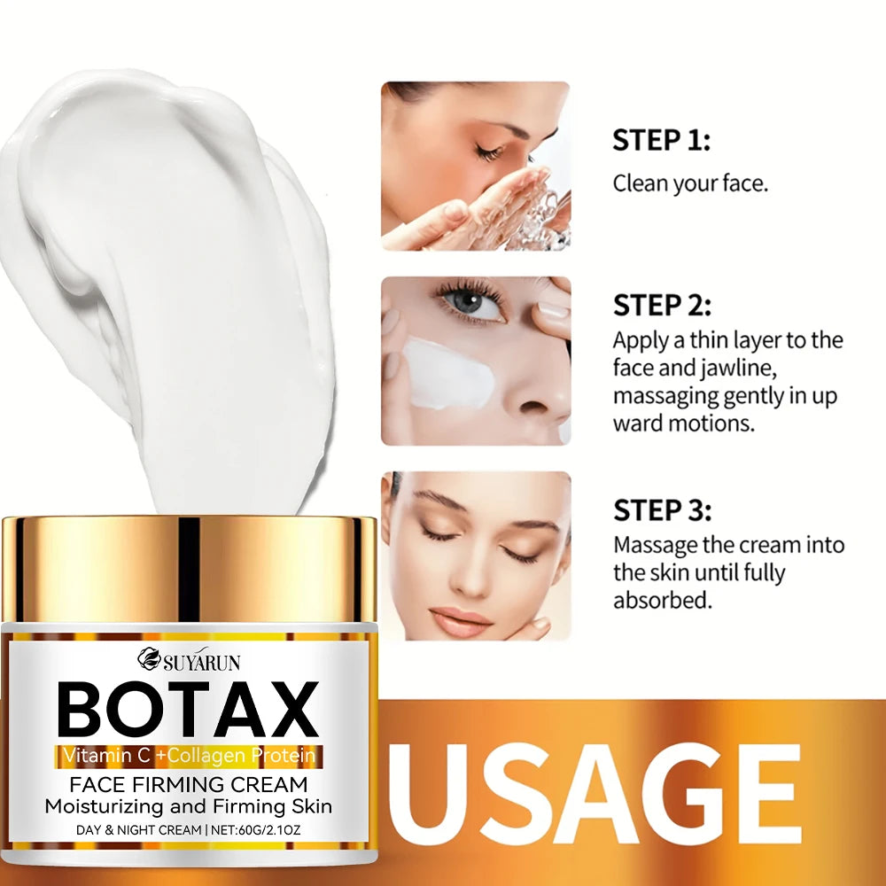 SUYURUN BOTAX face firming cream with usage instructions and product packaging.