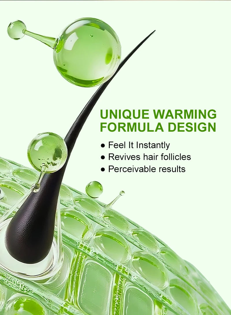 Hair product with green gel-like substance and black applicator on a white background, featuring text about unique warming formula design.