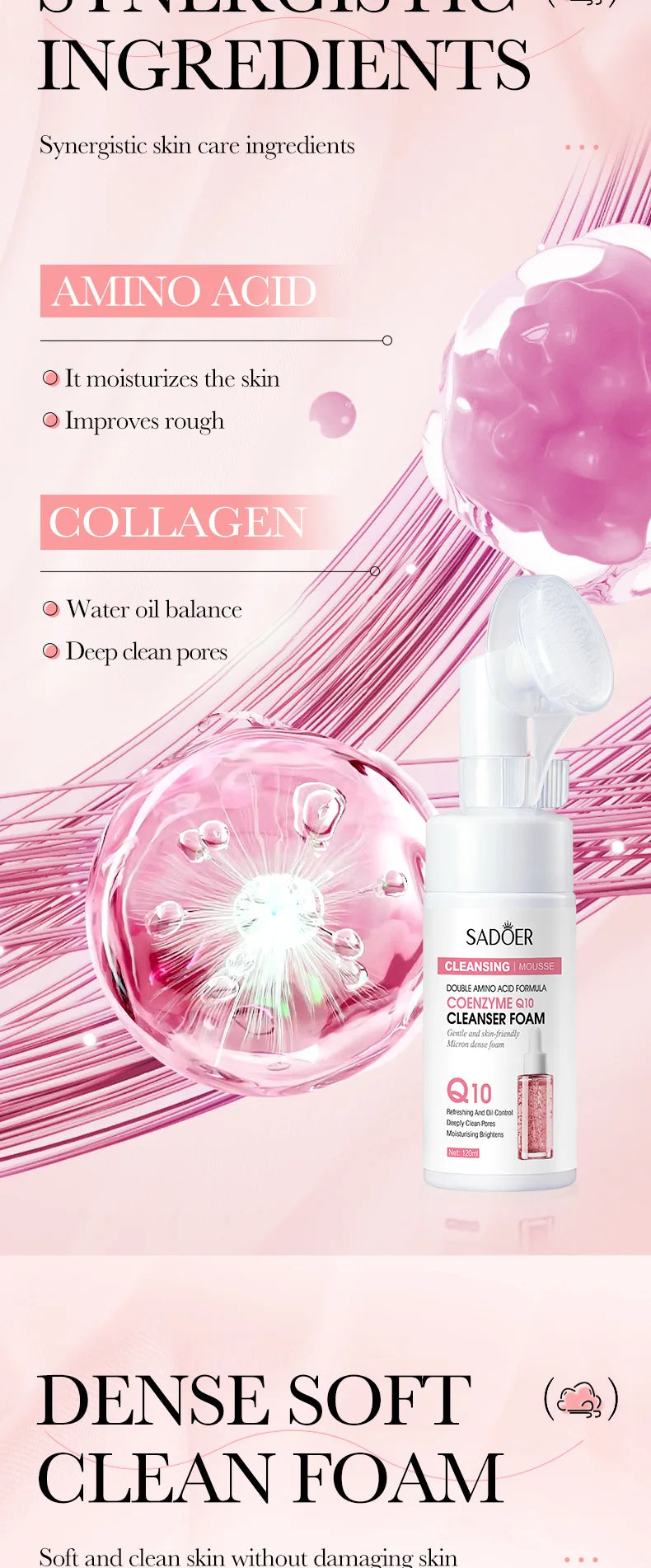 Sudu cleanser foam with pink cleansing balm and text about synergistic ingredients on a pink background