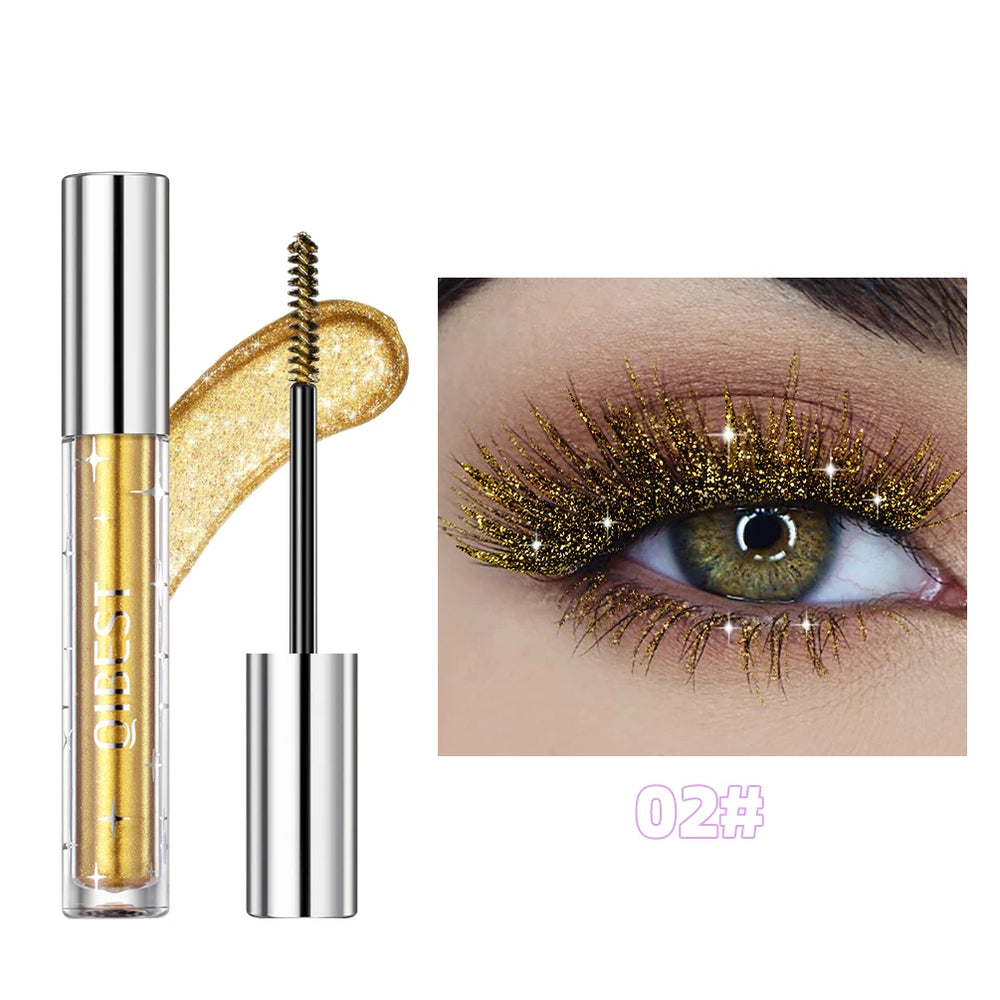 Gold eyelash product with applicator and close-up of eye wearing gold glittery eyelashes.