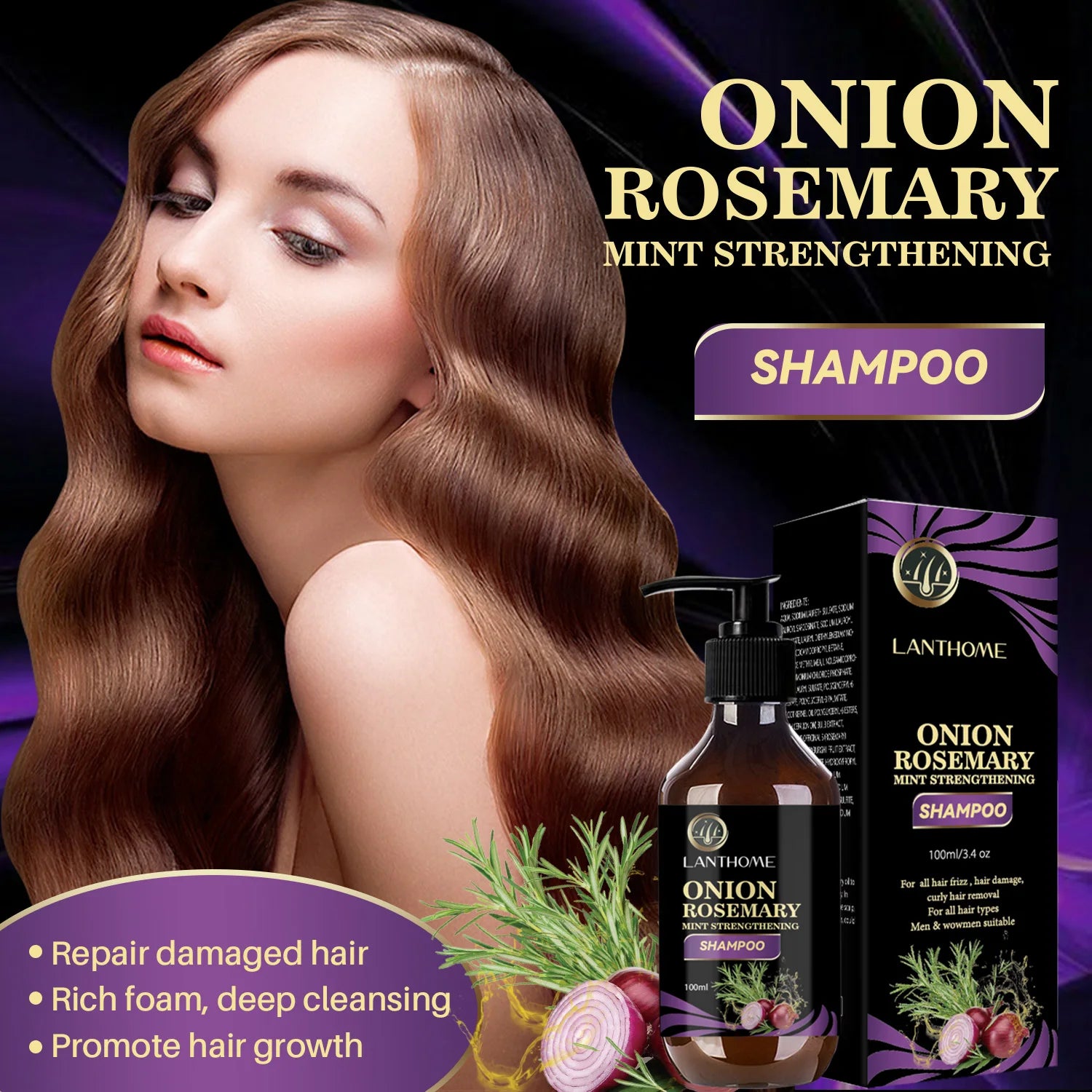 Lanthome Onion Rosemary Mint Strengthening Shampoo with a model and product packaging on a dark background