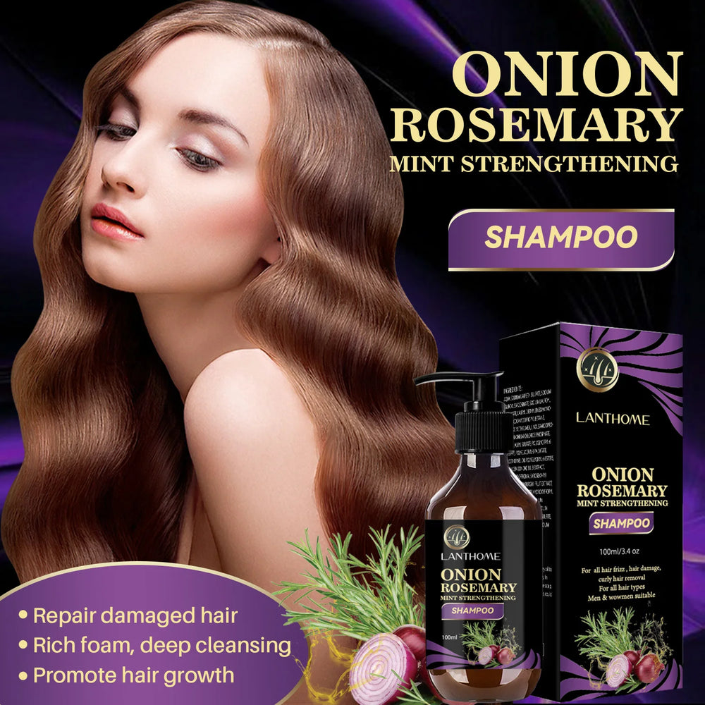 Lanthome Onion Rosemary Mint Strengthening Shampoo with a model and product packaging on a dark background