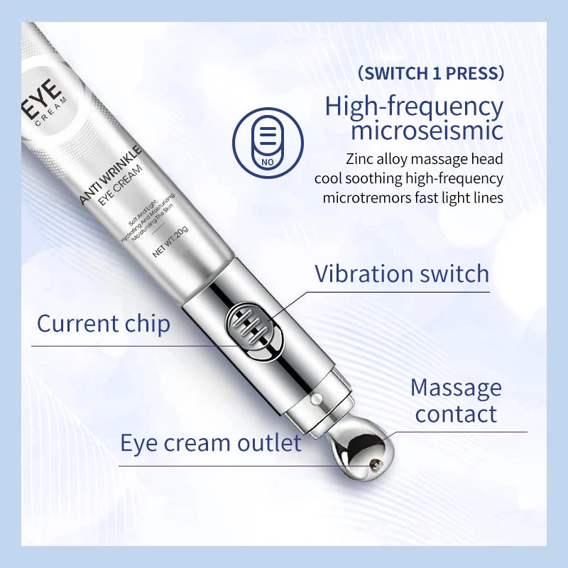 Silver eye cream device with labeled parts on a light blue background