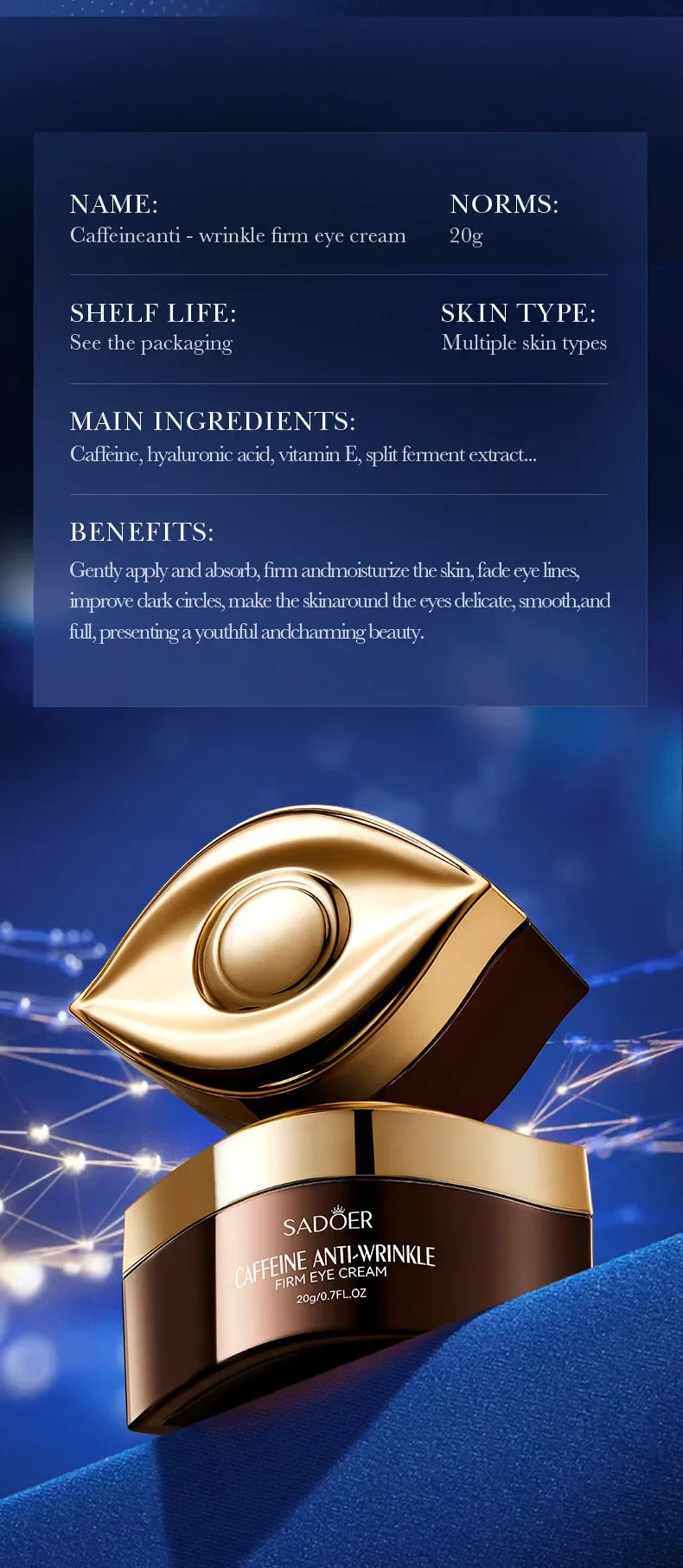 Caffeine eye cream packaging with product details on a blue background